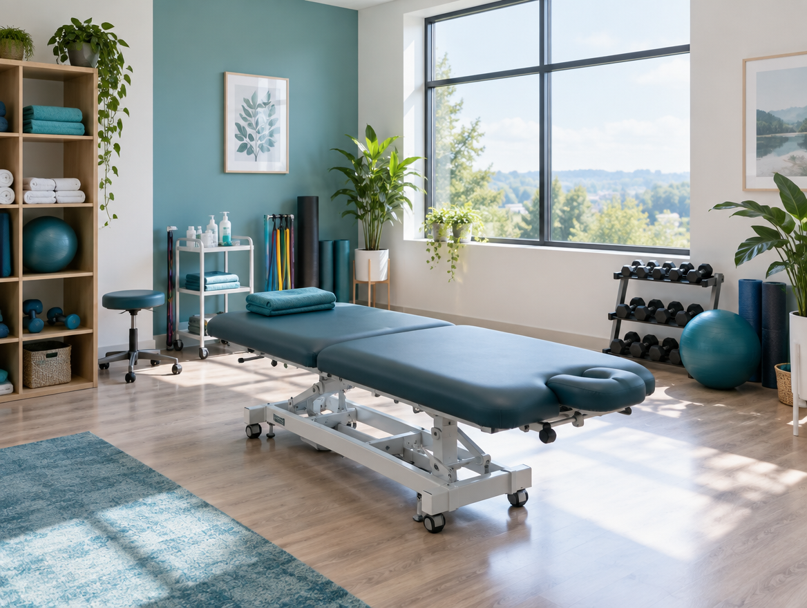 Sala de fisioterapia clara e organizada, com maca e equipamentos de reabilitação